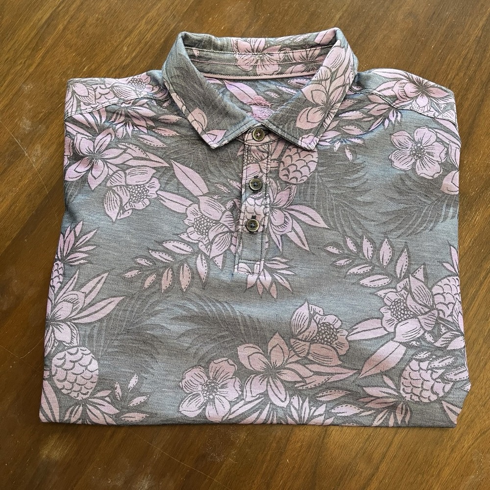 Tommy Bahama Mens XL Gray Purple Floral Short Sleeve Polo Shirt Marlin Logo